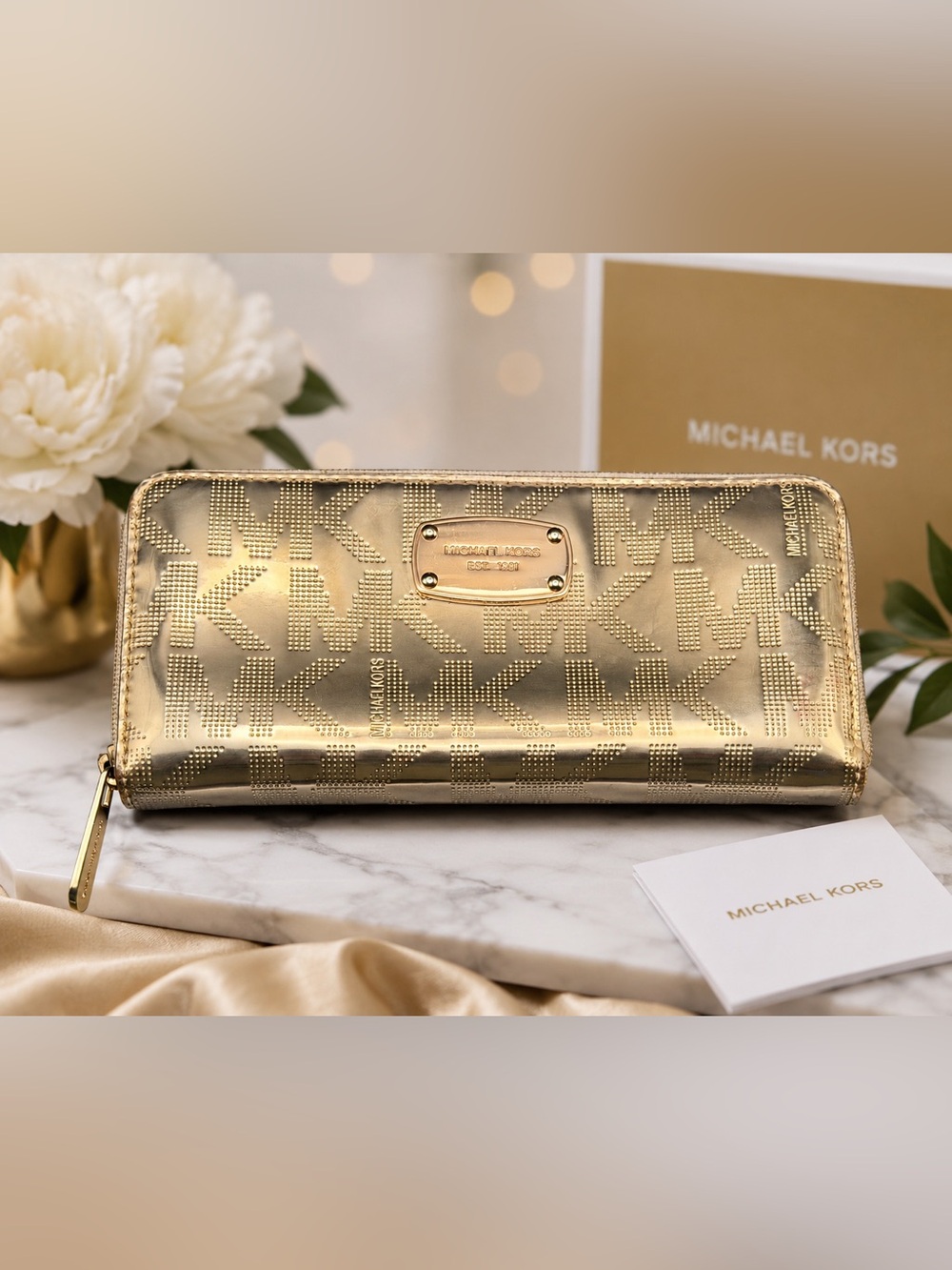 Michael Kors Metallic Gold MK Logo Zip Around Continental Wallet